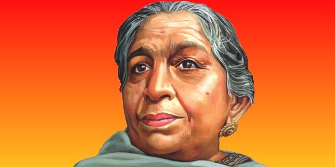 Modern painted illustration of Sarojini Naidu in later life against a flat orange and yellow background.